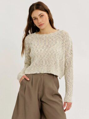 Gray Cream Marled Cropped Open Knit Sweater NWT #D134